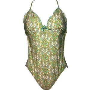 Lands' End 6 Swimsuit Green Paisley One Piece Halter Backless Ruched Cottagecore